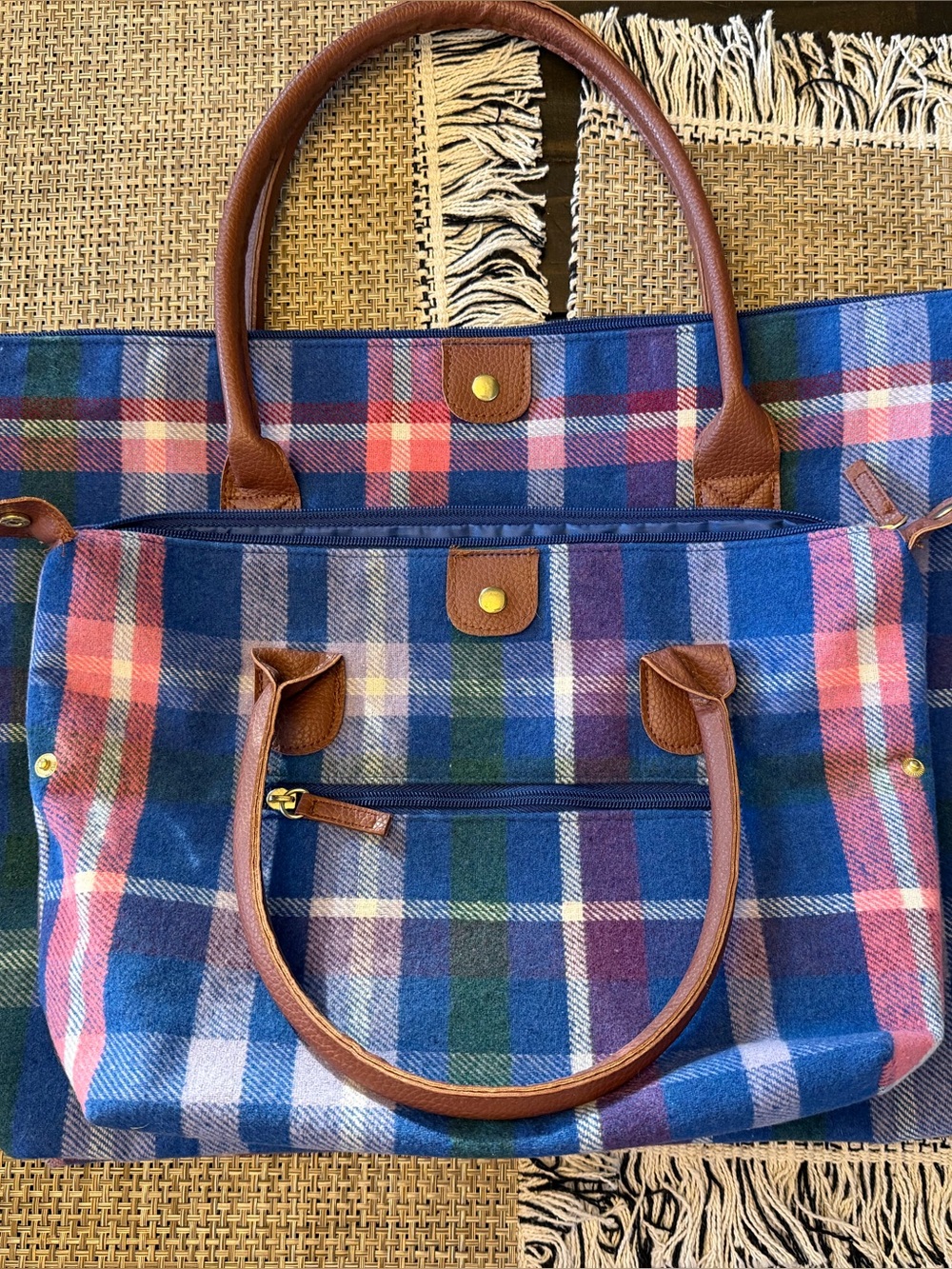Woman Within Plaid Flannel 2-Piece Tote Bag Set Blue Pink Travel